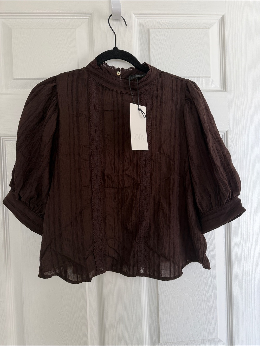 Zara Milan Dark Brown Puff Sleeve Lace-Trim Blouse